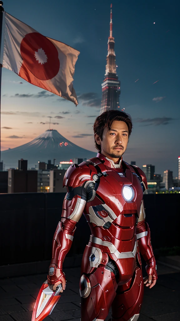 Japanese Iron Man in red and white armor with a Japanese flag on the chest, standing in front of the Tokyo skyline at night, with Tokyo Tower and Mount Fuji in the background."
