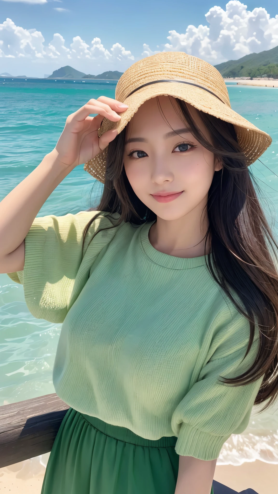 (32hair,High resolution,Attention to detail,High resolution,high density,一people々々々々in,In addition:1.3),(現実的なpeople々々々々々,Live Action,fine grain,High resolutionの目,Beautiful Eyes,Eyes that look alive,beautiful dark green eyes,Fishing eyes,Detailed lips,Translucent white skin,細部まinリアルな顔:1.3),(Japanese Ido,hairorean Idols,日本people々々々々model,hairorean models,hairorean hair-Pop Female Idols:1.2) 8k,Woman looking at the camera,1 超美people々々々々々々(Like the real thing), Green sky and white clouds、And warm sunshine, Smiling and gazing into the distance, The fine grains of sand on the beach shine golden., The wind brings small waves. The distant island is surrounded by greenery, sexy, Her stunning beauty is like a ray of light, Captivate the world. . The beach dream scene will be more realistic for the audience......., people々々々々々々々Make people々々々々々々 彼らinす'be there, Enjoy the beauty,The perfect angle、プロ品質のHigh resolution、Perfect contrast、Perfect lighting、Perfect composition、Perfect Skin、Perfect Fingers、Perfect breasts、完璧なhair、Perfect Face、Realistic facial features,masterpiece,Photorealistic raw photos,Bright colors,Rich colors,50mm lens,Nikon D850,Highest quality,Slim figure,Perfect body line,Perfect hand shape,Anatomical Body Balance,Highly detailed face,Highly detailed eyes,Beautiful Lips,Excellent light particles,Cinema Lighting,Compensate,超High resolution,Ultra-Realistic Skin,sexyな女性のクローズアップ,Perfect Arms、Perfect Fingers、smile、Full Body Shot、Dynamic pose、Great beach、Emerald blue eyes、Stylish beach style、Full Body Shot、Angel'のsmile