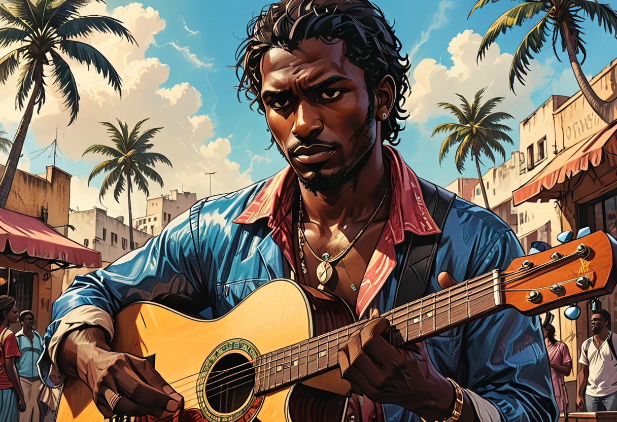 (((guitar close-up, hands only))),city square, gypsy man,dark skin, street, people looking, tropical street, palm trees, close-up man musician with a guitar, graphic style of novel comics, 2d, 8k, hyperrealism, masterpiece, high resolution, best quality, ultra-detailed, super realistic, Hyperrealistic art, high-quality, ultra high res, highest detailed, lot of details, Extremely high-resolution details, incredibly lifelike, colourful, soft cinematic light,