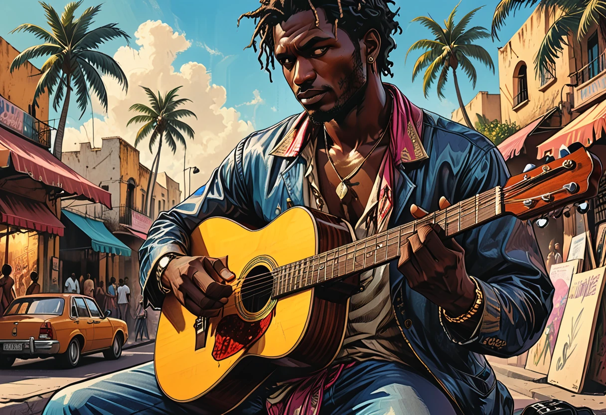 (((guitar close-up, hands only))),city square, gypsy man,dark skin, street, people looking, tropical street, palm trees, close-up man musician with a guitar, graphic style of novel comics, 2d, 8k, hyperrealism, masterpiece, high resolution, best quality, ultra-detailed, super realistic, Hyperrealistic art, high-quality, ultra high res, highest detailed, lot of details, Extremely high-resolution details, incredibly lifelike, colourful, soft cinematic light,
