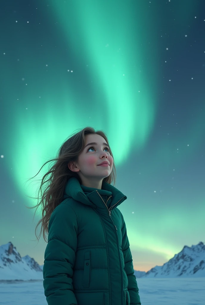 A girl at the North Pole in a green coat and brown hair with the Northern Lights
