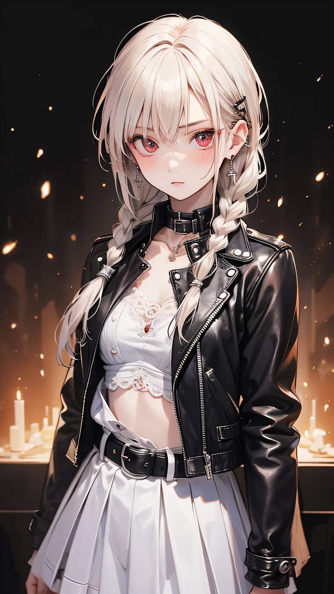 Ultra high resolution, rich colors, perfect image, top quality, detailed image, beautiful single woman, glowing skin, skin and clothing texture, delicate eyes, punk girl, choker, tight skirt, pantyhose, silver hair twin tails, green eyes