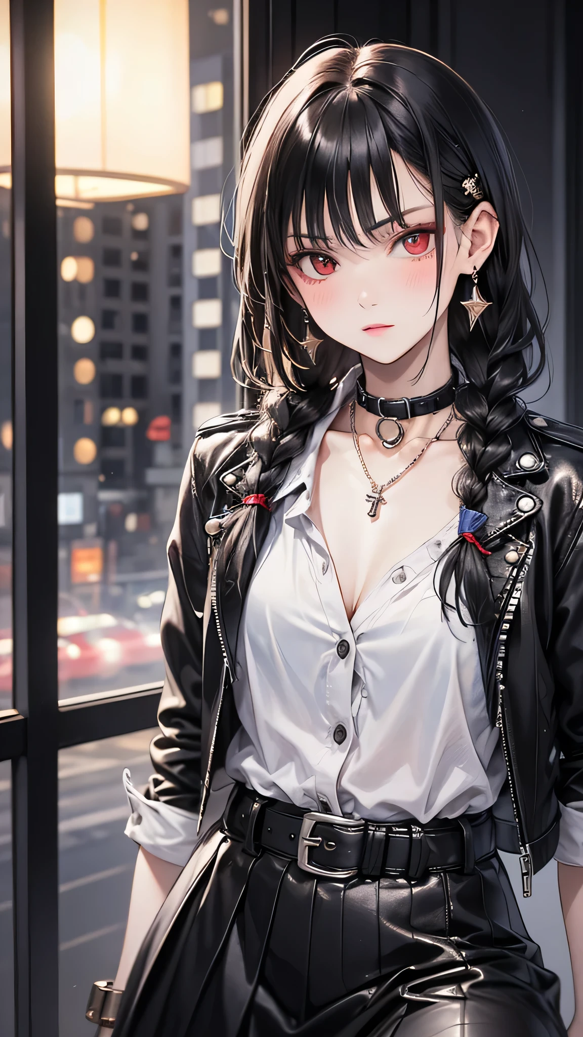 (masterpiece, Highest quality: 1.2), night, Highly detailed face, The real picture, Realistic Skin, Realistic body, Intricate details), Red eyes, (Intimidating look), A slight blush, Black leather jacket, Half-open button-up shirt (white), whiteいブラジャー, skirt, 黒 belt with buckle, Beautiful long hair (Stick to braids), Mid-chest, Slender beauty,