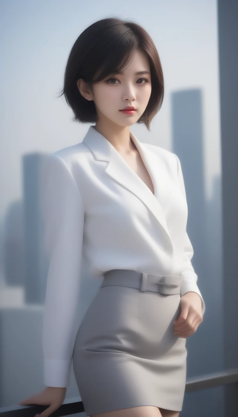A woman, short pony tail hair and brown straight hair, white lace dress, character in the center of the frame, octane render, rice paper, shallow depth of field, aesthetic, high contrast, vibrant colors, charming, narrow waist, knee-high, high heel