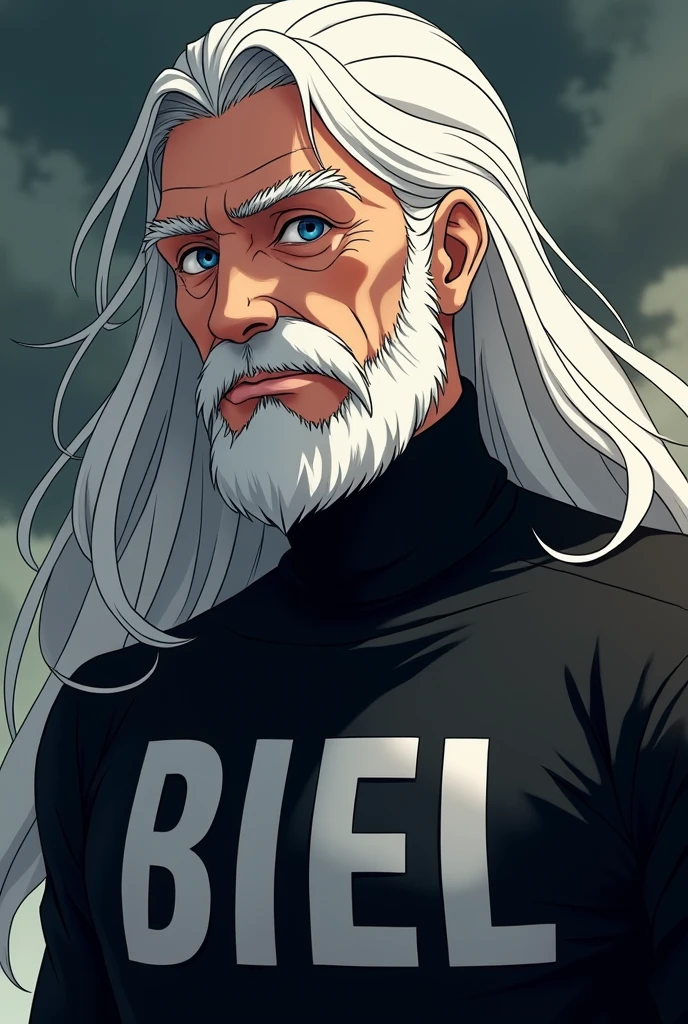 Character male character long white hair and black turtleneck shirt with white name in capital letters Biel an old man's beard anime theme