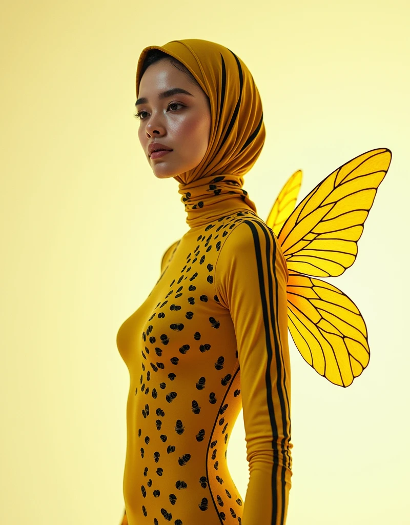 a beautiful and thin malaysian asian muslim adult girl with a shiny and beautiful face wears yellow bee lycra turtleneck unitard catsuit covered with black stripes with a pair of wings and always wear bee lycra dancewear hijab covered with black stripes.She is buzzing.