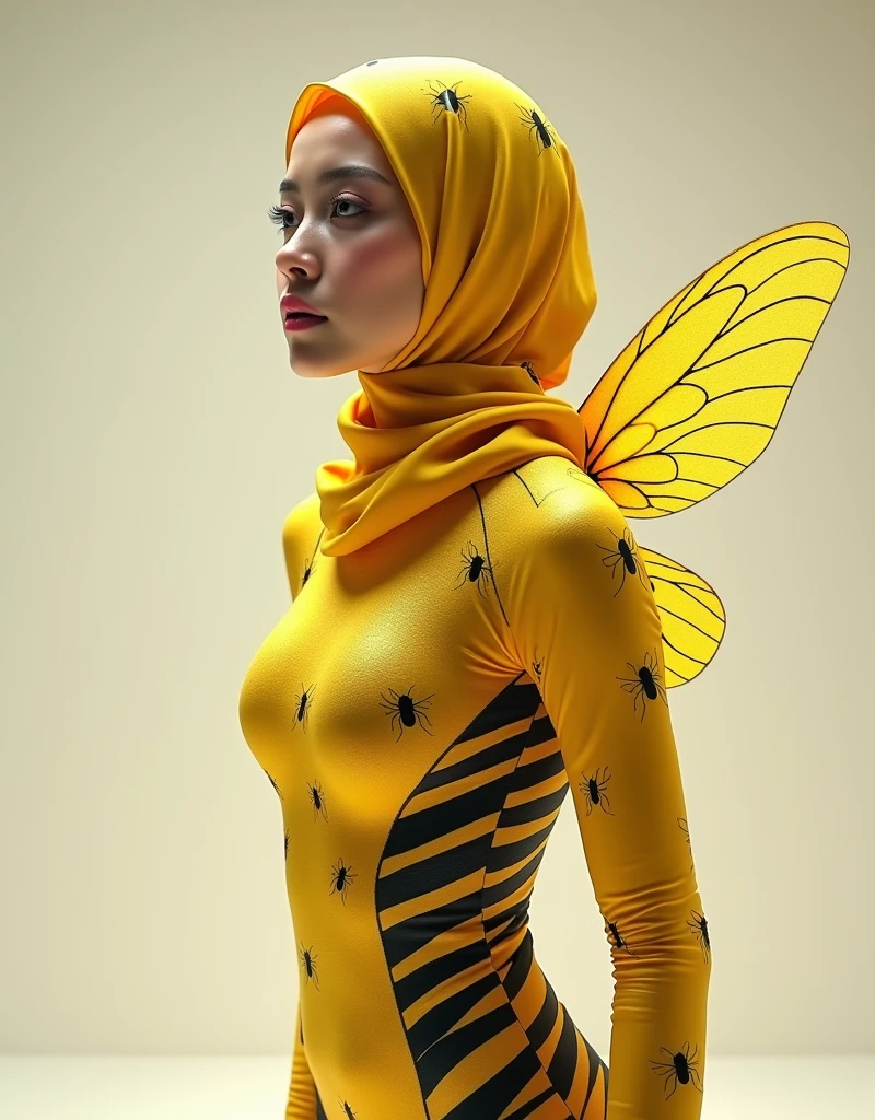 a beautiful and thin malaysian asian muslim adult girl with a shiny and beautiful face wears yellow bee lycra turtleneck unitard catsuit covered with black stripes with a pair of wings and always wear bee lycra dancewear hijab covered with black stripes.She is buzzing.