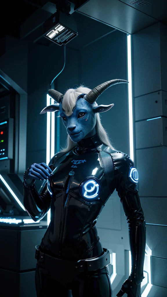 "Create a highly detailed 3D illustration of a blue goat's head designed as an NFT, with a futuristic and high-tech theme. The goat head should be blue in color and represent a powerful, authoritative figure, like a CEO. The design should incorporate elements of RAM (computer memory), making the horns and other features of the goat head look like intricate, glowing circuits and chips. The overall style should be sleek, modern, and slightly abstract, with a blend of organic and mechanical textures."