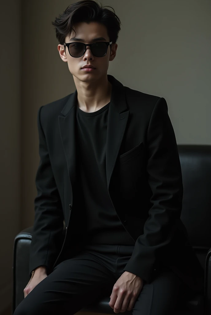 A 18 boy in black suit with black sun glasses sitting in a chair . Trund his face into his Right sight. And giving a stylish pose
More realistic. Without highlights 