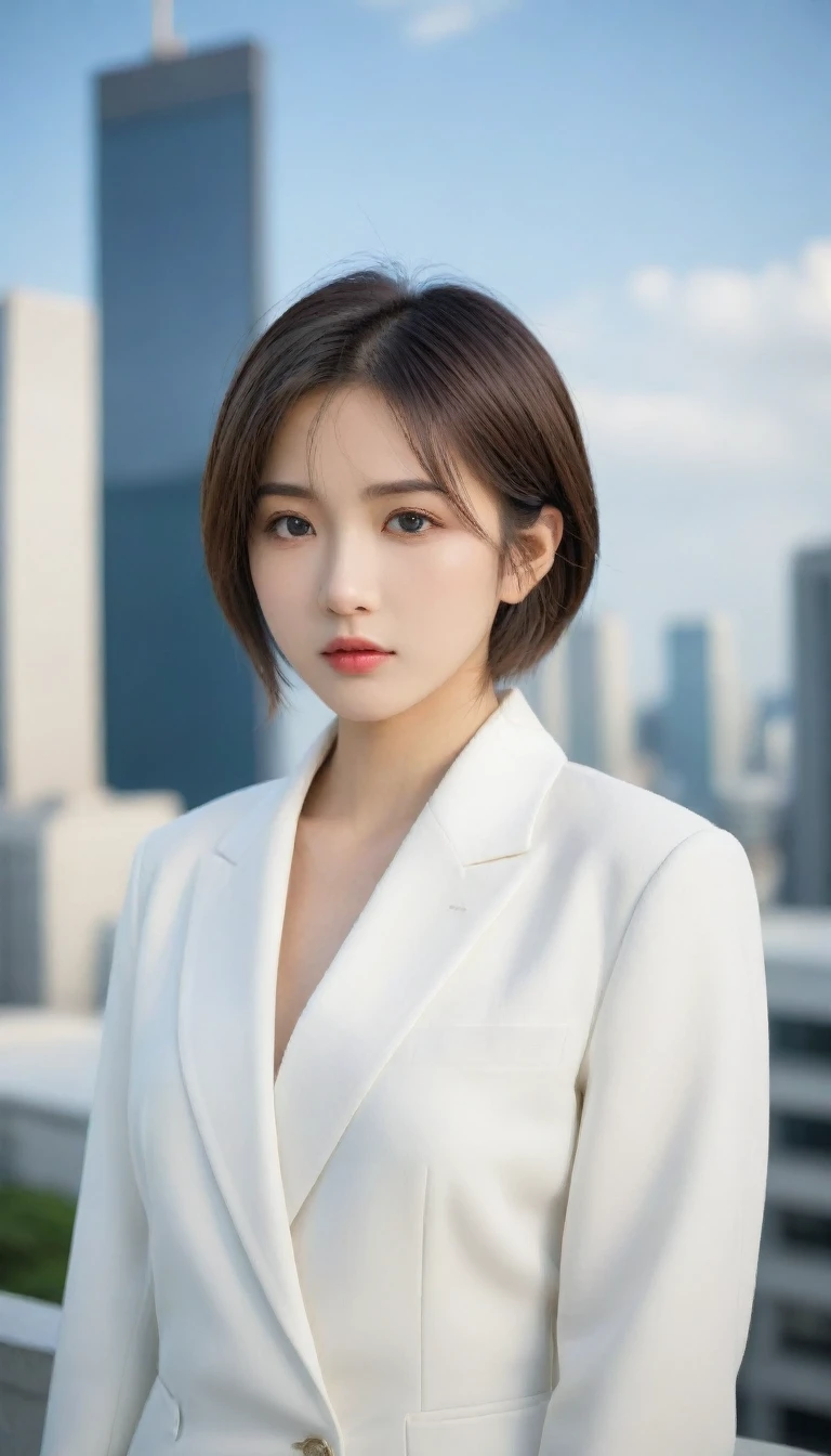 8k, Ultra-high resolution, Highest quality, masterpiece, 三分割法によるphotograph,Surreal, photograph, 1 , (:1.3), cute, cute顔, 細部までBeautiful Eyes, 細かくdetailedに,masterpiece,One Girl:1.2,Japanese women,Female announcer,cowboy shot,glaring,Black short hair,messy hair,from side,(White shirt:1.3),Blazer,Pencil Skirt,Rooftop,white collar,blue sky,Background of skyscrapers,(Beautiful attention to detail),Subtle details, detailedな顔,anger,Attractive eyes,(ポートレートphotograph:1.4),(Photorealistic images:1.4),Fantasy art,(Beautiful Face:1.4),美しくAttractive eyes、Beautiful Eyes,Silver residue,(Tight waist:1.4)、(Beautiful with perfect body proportions:1.4),Pink Lips,profile,(((Ideal body type))),A-cup small breasts :2,、Portraiture:2、Perfect Anatomy、鮮明なdetailed、detailed,Fashion magazine cover,Thin lips,完璧でBeautiful Face ,完璧でcute顔, Skin with attention to detail, Perfect limbs、Narrow waist,Surreal,Light and shadow,sunlight