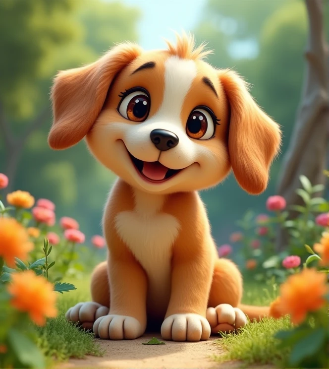 Imagine a lifelike puppy with humorous exaggerated features, oversized, wearing cute clothes, bright eyes and curiosity, smiling, positive image, smiling puppy, Disney style, capturing natural textures, and although its little PAWS are slightly larger, they are cuter. The background is a simple garden with an emphasis on natural colors and some greenery to create vibrant colors
