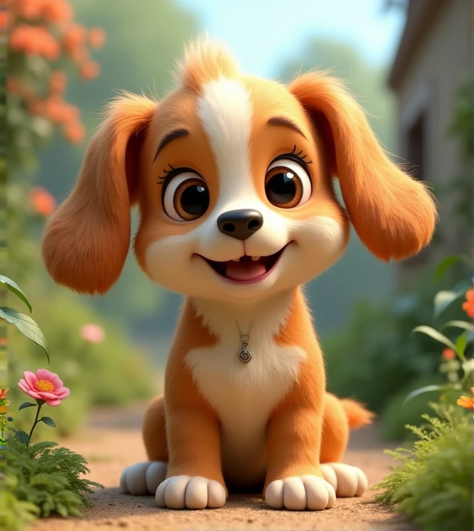 Imagine a lifelike puppy with humorous exaggerated features, oversized, wearing cute clothes, bright eyes and curiosity, smiling, positive image, smiling puppy, Disney style, capturing natural textures, and although its little PAWS are slightly larger, they are cuter. The background is a simple garden with an emphasis on natural colors and some greenery to create vibrant colors