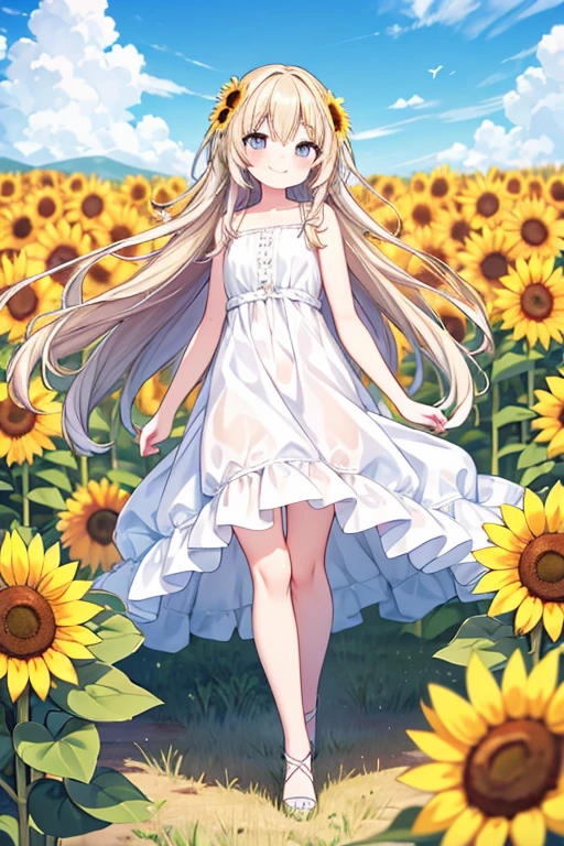 One person, High resolution, Long Hair, Anatomically correct, Textured skin, Very detailed, Hair blowing in the wind, Turn your face towards me,Blushing, smile, White Dress,Sunflower field,blue sky,Full Body Shot