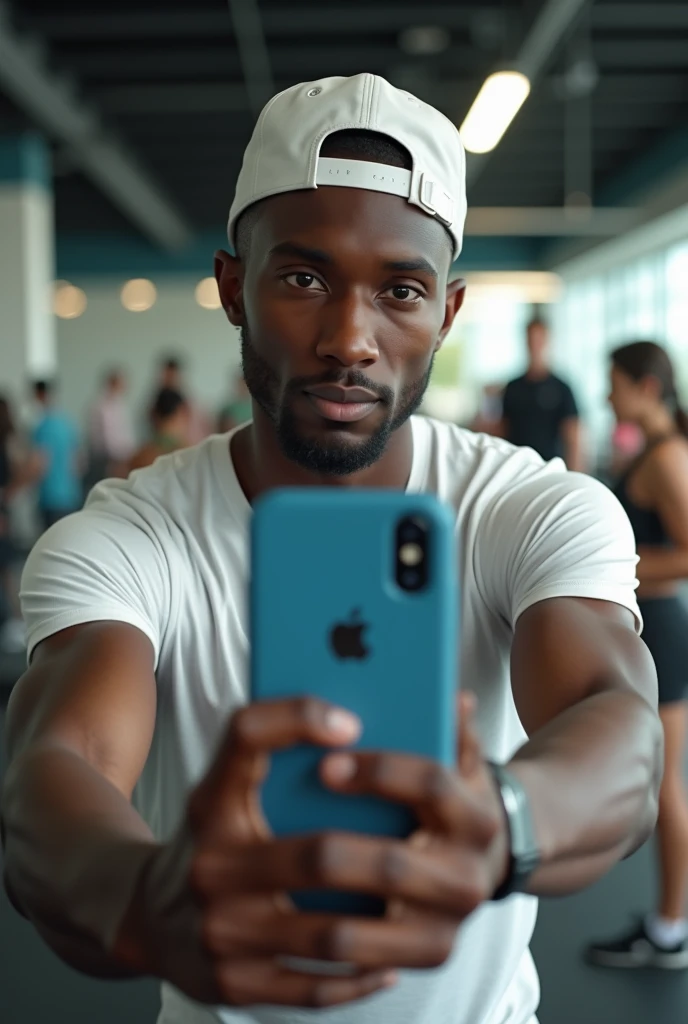 best qualityer:1.4), (ultra high resolution:1.2), (photorrealistic:1.4), (8k, CRU photo:1.2), a thin young man of 20 years old, skin black, with a smooth, beardless face, is wearing a white cap, is wearing a white short sleeve shirt. He's wearing black shorts. He's taking a picture in the mirror. He has an iPhone with a blue case. In the background there is a gym and people moving around. He has thin arms. The photo is focusing on your face