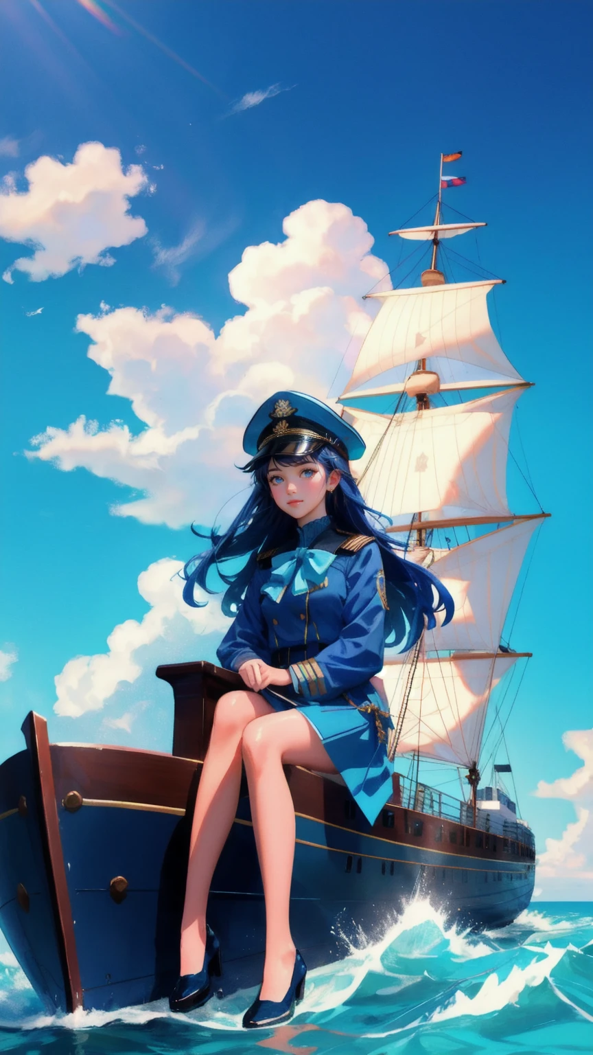 Generate an image with a blue background showcasing a scene titled 'Early Adopter's Cruiser.' The scene should feature a beautiful, cute girl dressed as a ship captain, sitting proudly at the bow of a luxurious cruise ship. Surround the ship with large, sparkling bitcoins that are spreading across the water and through the sky. The ship should be sailing on a bright blue ocean, with a vibrant rainbow emerging from the ship's wake, symbolizing prosperity and adventure.