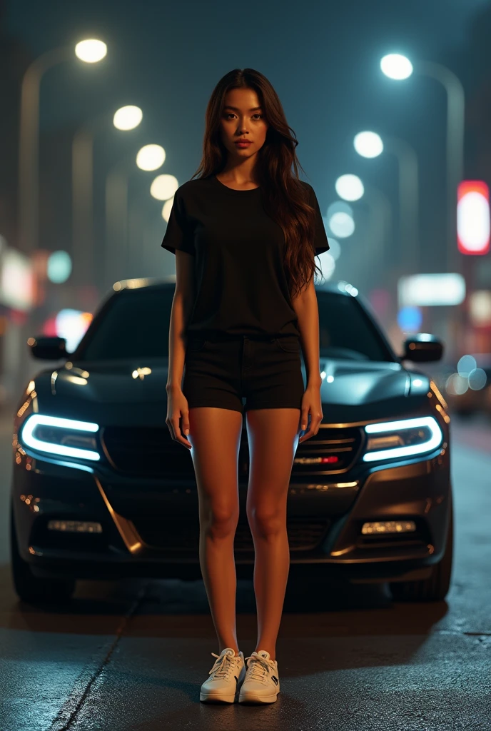  (photorealism:1.2), beautiful curve brunette asian woman, long blackhaired, wearing black tshirt, shorts phant, wearing white newbalance shoes, standing front a car dodge charger, on the street city, at night