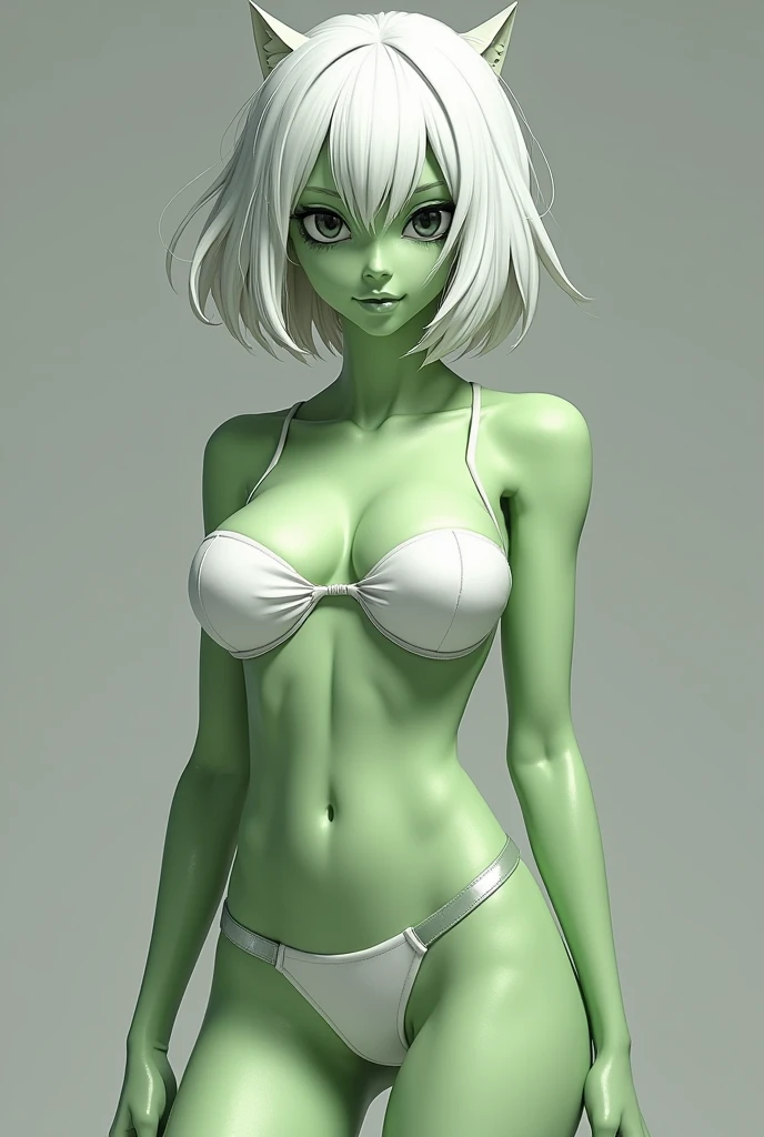 Anime alien girl,white underwear,F cup breast,white short hair covering 1 eye ,pointed mouth,sharpness eyes,pale green skin tone,2 short anten on head,black eyes,pointed smile