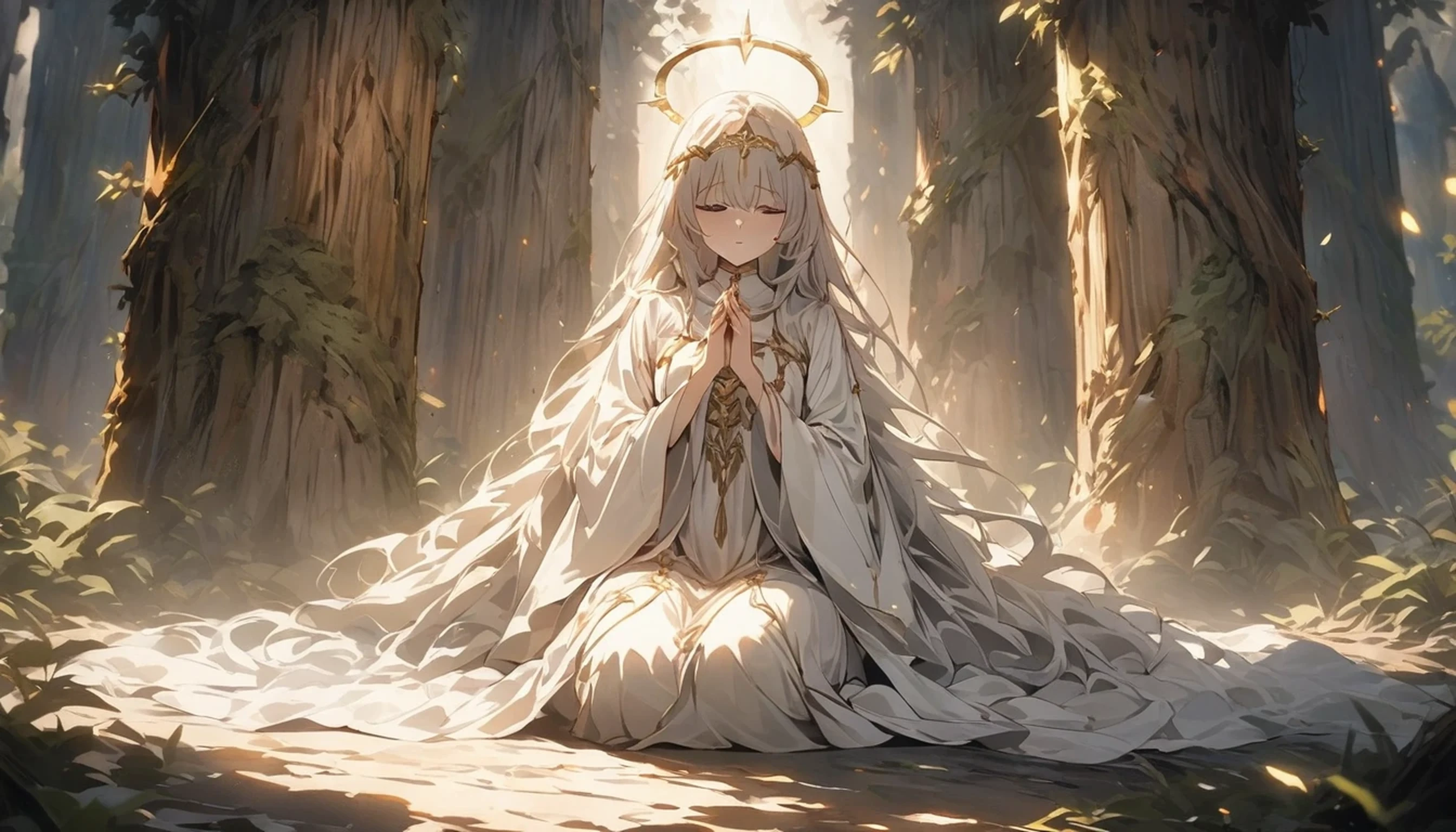 An ancient priestess kneeling in prayer in a dimly lit, sacred forest at dawn, with the first light of morning filtering through the ancient trees. close eyes, She has a serene yet determined expression, symbolizing her resolve to break free from the shadows of the past. The forest is shrouded in mystical mist, with shadows receding as the divine light breaks through, unveiling hidden truths. Around her, the remnants of a forgotten, mythical world are fading away, represented by ethereal, fading symbols of ancient magic. The background features towering stone pillars and a narrow path leading forward, symbolizing her journey towards a new era of wisdom and enlightenment. The atmosphere is filled with a sense of liberation and empowerment, with soft, sacred light enhancing her prayerful stance and the emotional transition from darkness to spiritual awakening.(best quality, 4k, 8k, highres, masterpiece:1.2), ultra-detailed