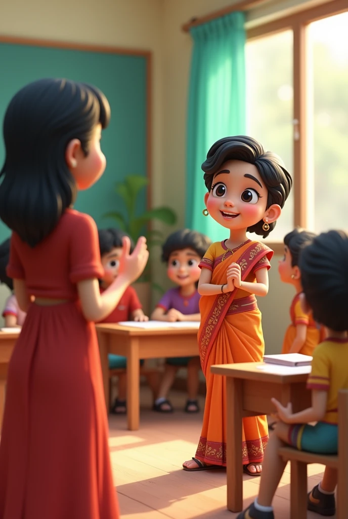 One student standup asking questions teacher saree ai 3d image cartoon type 