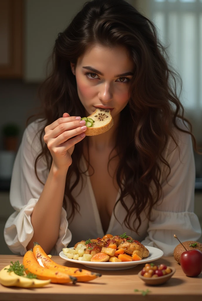 A brunette woman with curly hair sits and eating foods , realistic , 4k , without showing breasts