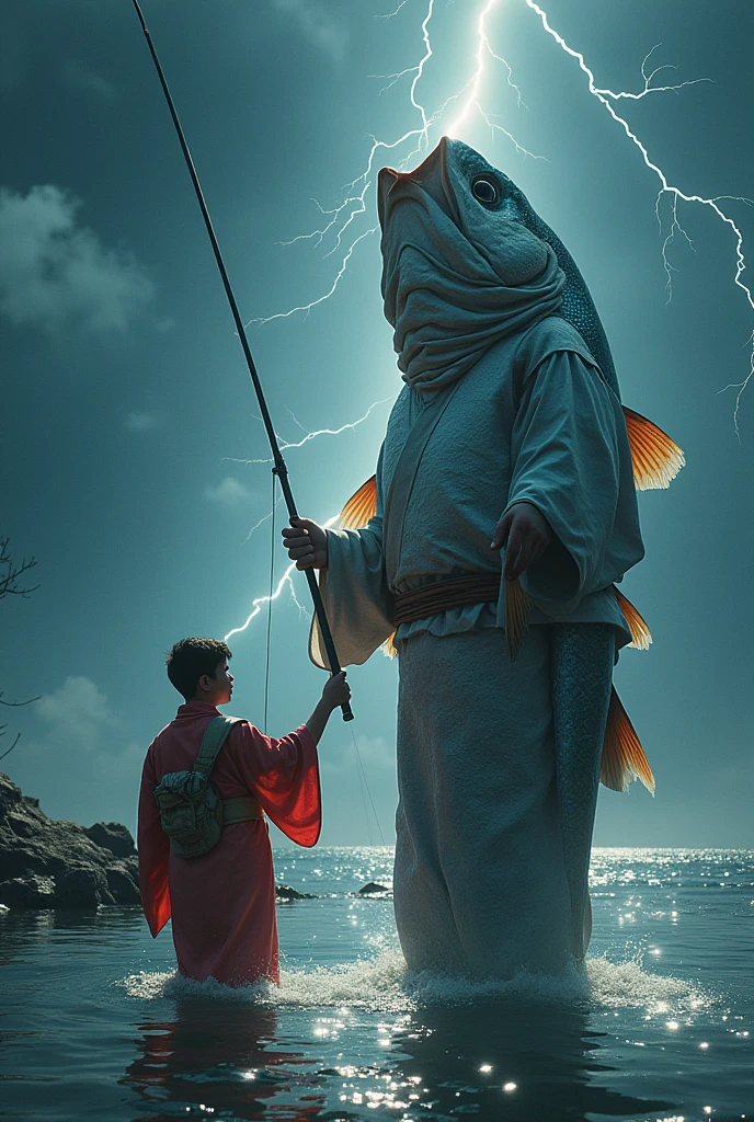 theme:Scene of fishing, realistic photo, A giant fish wearing a kimono, fishing、bath、The best happy performance、be happy、smile、big lightning,