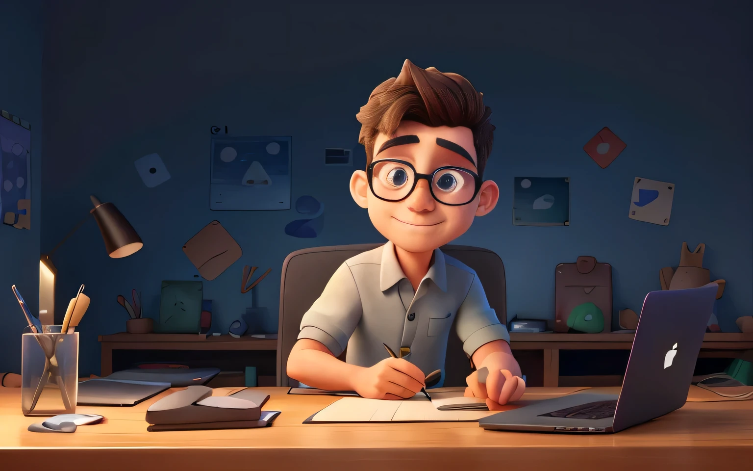a character boy in glasses is holding up a laptop, in the styleof interactive pieces, soft gradients, daz3d, animatedgifs,azure,charming illustrations, award-winning，Dark background, backlight，((macbook por)),(Mouse)Hand drawing board, fingers,8K Resolution，high detail，hyperquality，fantasy，futuristic，Purple light effect，＜lora：