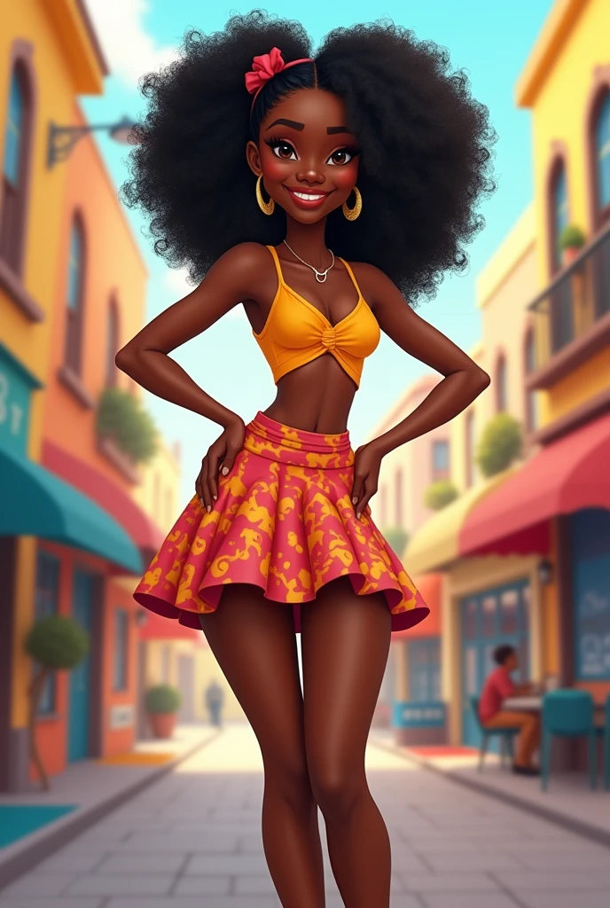 Black woman in a short Pixar-style skirt