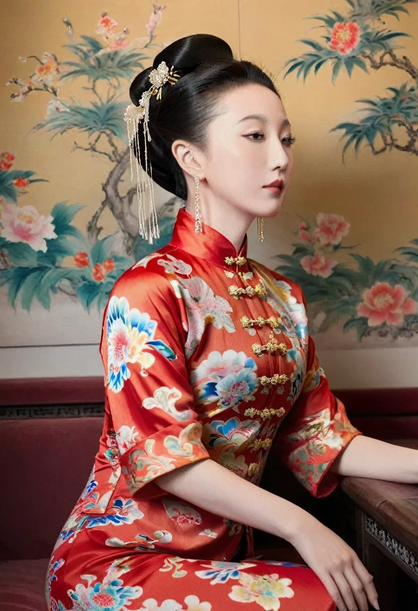 The empress of the Qing Dynasty is wearing a red floral patterned dress, completely naked, with her profile showing and her buttocks sticking out, posing in the luxurious palace of the empress of the Qing Dynasty.