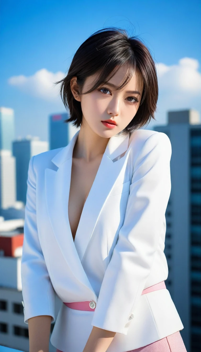 8k, Ultra-high resolution, Highest quality, masterpiece, 三分割法によるphotograph,Surreal, photograph, 1 , (:1.3), cute, cute顔, 細部までBeautiful Eyes, 細かくdetailedに,masterpiece,One Girl:1.2,Japanese women,Female announcer,cowboy shot,glaring,Black short hair,messy hair,from side,(White shirt:1.3),Blazer,Pencil Skirt,Rooftop,white collar,blue sky,Background of skyscrapers,(Beautiful attention to detail),Subtle details, detailedな顔,anger,Attractive eyes,(ポートレートphotograph:1.4),(Photorealistic images:1.4),Fantasy art,(Beautiful Face:1.4),美しくAttractive eyes、Beautiful Eyes,Silver residue,(Tight waist:1.4)、(Beautiful with perfect body proportions:1.4),Pink Lips,profile,(((Ideal body type))),A-cup small breasts :2,、Portraiture:2、Perfect Anatomy、鮮明なdetailed、detailed,Fashion magazine cover,Thin lips,完璧でBeautiful Face ,完璧でcute顔, Skin with attention to detail, Perfect limbs、Narrow waist,Surreal,Light and shadow,sunlight