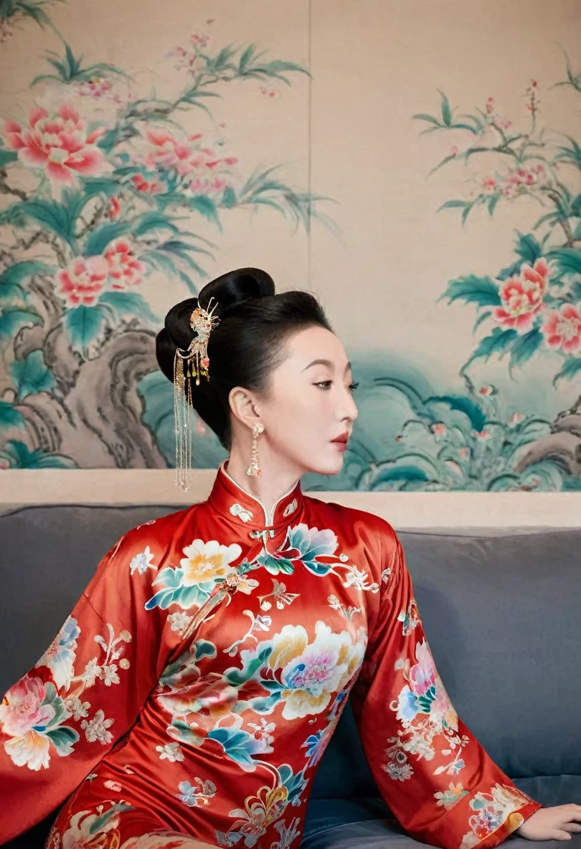The empress of the Qing Dynasty is wearing a red floral patterned dress, completely naked, with her profile showing and her buttocks sticking out, posing in the luxurious palace of the empress of the Qing Dynasty.
