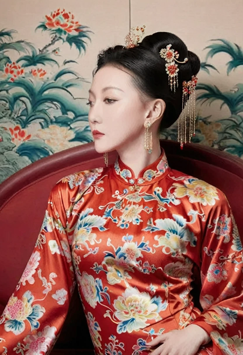 The empress of the Qing Dynasty is wearing a red floral patterned dress, completely naked, with her profile showing and her buttocks sticking out, posing in the luxurious palace of the empress of the Qing Dynasty.