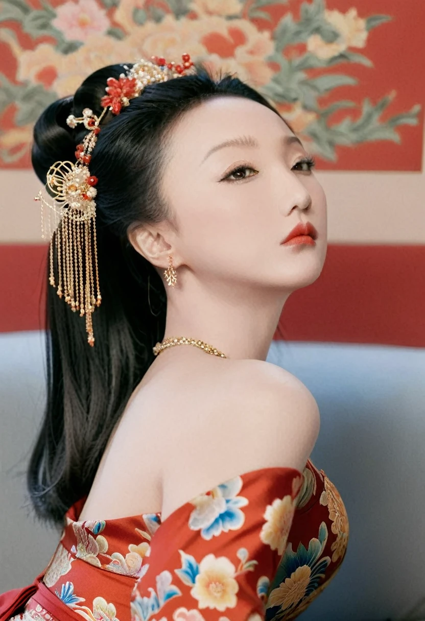 The empress of the Qing Dynasty is wearing a red floral patterned dress, completely naked, with her profile showing and her buttocks sticking out, posing in the luxurious palace of the empress of the Qing Dynasty.