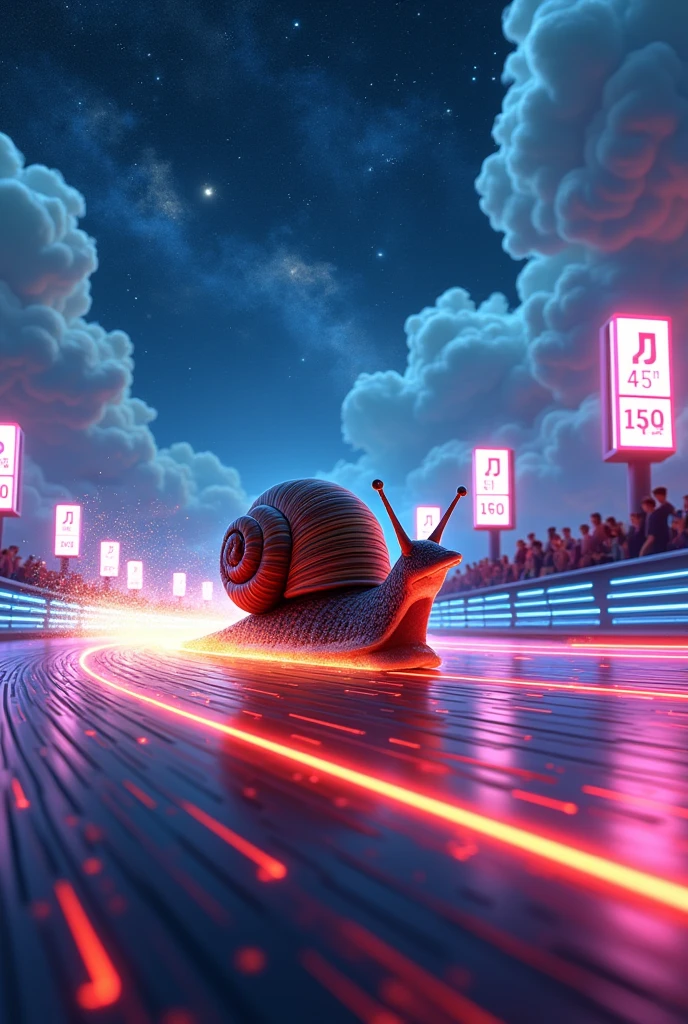 Create an image of a high-speed snail inspired by the “Turbo” movie, racing on a futuristic race track under a sky reminiscent of Van Gogh’s Starry Night. The snail has a sleek, aerodynamic shell with glowing racing stripes, leaving a bright trail of light. The race track is illuminated with neon lights, lined with robotic spectators, digital billboards displaying race stats. Above, a swirling, vibrant sky filled with luminous stars, swirling clouds in deep blues, purples, and golds. The backgro