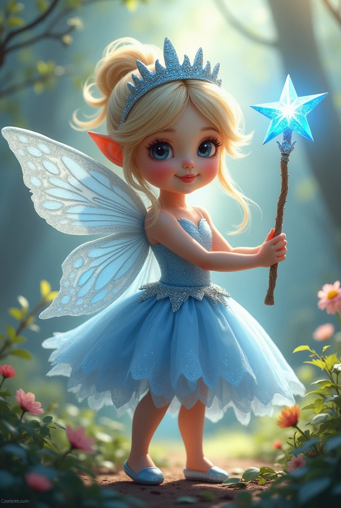 Show me a picture of a fairy who wore princess dress in a bluish pink color with crown on her head and a magic stick (that stick has a star in blue color) in her hand and she have a glittery pinkish wings one half of her size