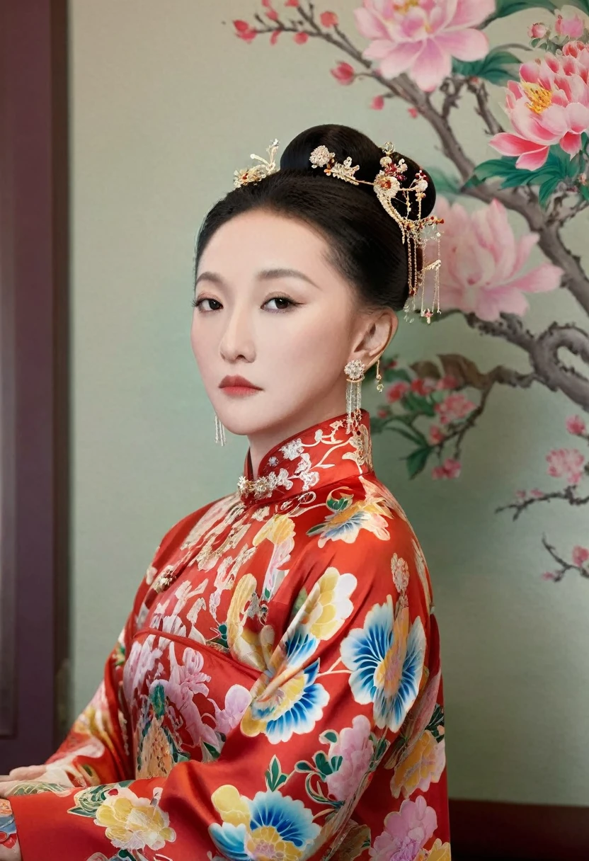 The empress of the Qing Dynasty is wearing a red floral patterned dress, completely naked, with her profile showing and her buttocks sticking out, posing in the luxurious palace of the empress of the Qing Dynasty.