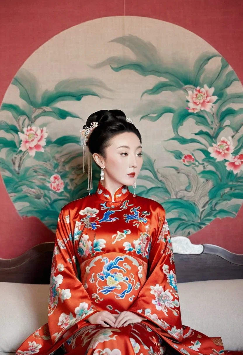 The empress of the Qing Dynasty is wearing a red floral patterned dress, completely naked, with her profile showing and her buttocks sticking out, posing in the luxurious palace of the empress of the Qing Dynasty.
