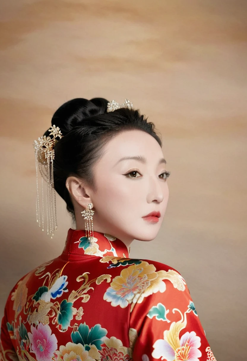 The empress of the Qing Dynasty is wearing a red floral patterned dress, completely naked, with her profile showing and her buttocks sticking out, posing in the luxurious palace of the empress of the Qing Dynasty.
