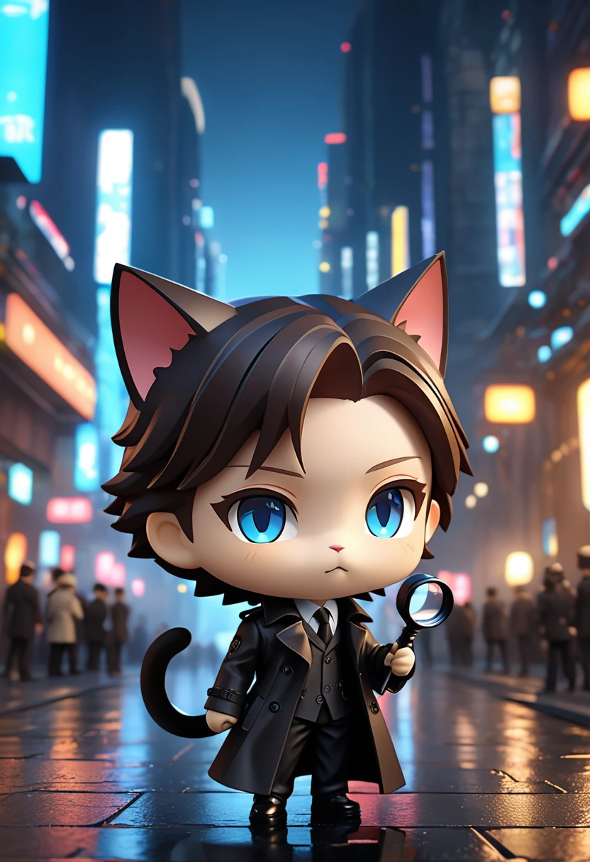 (best quality, masterpiece, ultra highres, ultra-detailed),The boy is Cait Sith. Cait Sith is a private investigator in Cyber City. He is wearing a trench coat and black pants everywhere. His head is that of a cat, and his followers are those of a cat. (chibi-character). He has his favorite magnifying glass. Beautiful lighting, volumetric lighting, dynamic angle, (photographic portrait), sharp,