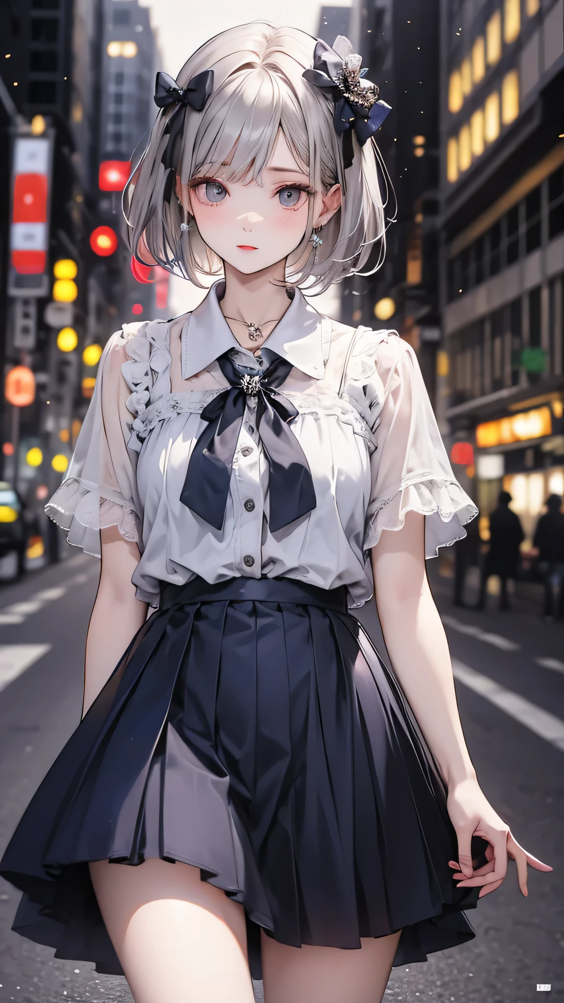 (8k, RAW Photos, masterpiece:1.3), (Realistic, photo-Realistic:1.37), (night), (View your viewers:1.331), (Gray Hair), Pause, Tokyo Street, nightcityscape, Cyberpunk City, Soft Light, One person, Very beautiful face, bust, Put your hands down, Random hairstyle, Random representation, Big eyes, Lower abdomen, (Short sleeve .JK_shirt), JK_style, (dark blue JK_skirt), (bow JK_tie), Mix 4., Highest quality