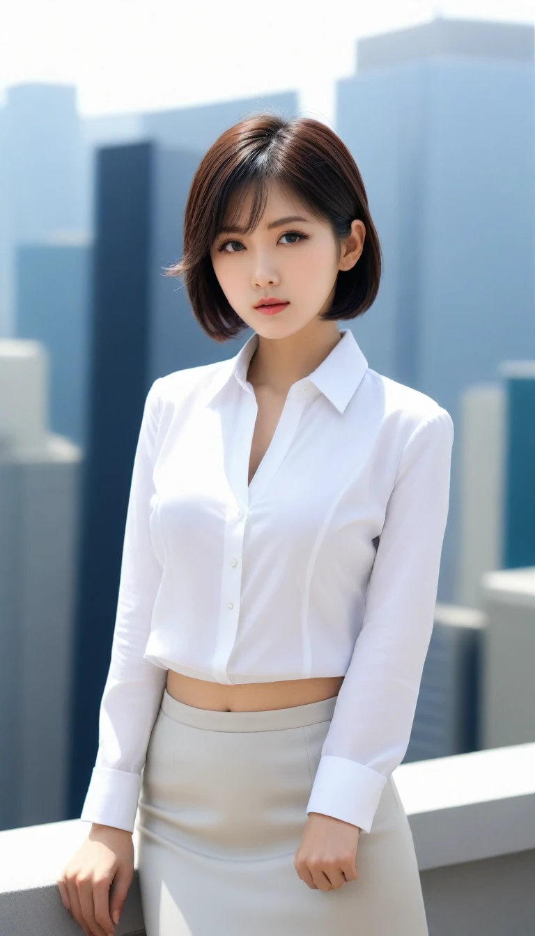 8k, Ultra-high resolution, Highest quality, masterpiece, 三分割法によるphotograph,Surreal, photograph, 1 , (:1.3), cute, cute顔, 細部までBeautiful Eyes, 細かくdetailedに,masterpiece,One Girl:1.2,Japanese women,Female announcer,cowboy shot,glaring,Black short hair,messy hair,from side,(White shirt:1.3),Blazer,Pencil Skirt,Rooftop,white collar,blue sky,Background of skyscrapers,(Beautiful attention to detail),Subtle details, detailedな顔,anger,Attractive eyes,(ポートレートphotograph:1.4),(Photorealistic images:1.4),Fantasy art,(Beautiful Face:1.4),美しくAttractive eyes、Beautiful Eyes,Silver residue,(Tight waist:1.4)、(Beautiful with perfect body proportions:1.4),Pink Lips,profile,(((Ideal body type))),A-cup small breasts :2,、Portraiture:2、Perfect Anatomy、鮮明なdetailed、detailed,Fashion magazine cover,Thin lips,完璧でBeautiful Face ,完璧でcute顔, Skin with attention to detail, Perfect limbs、Narrow waist,Surreal,Light and shadow,sunlight