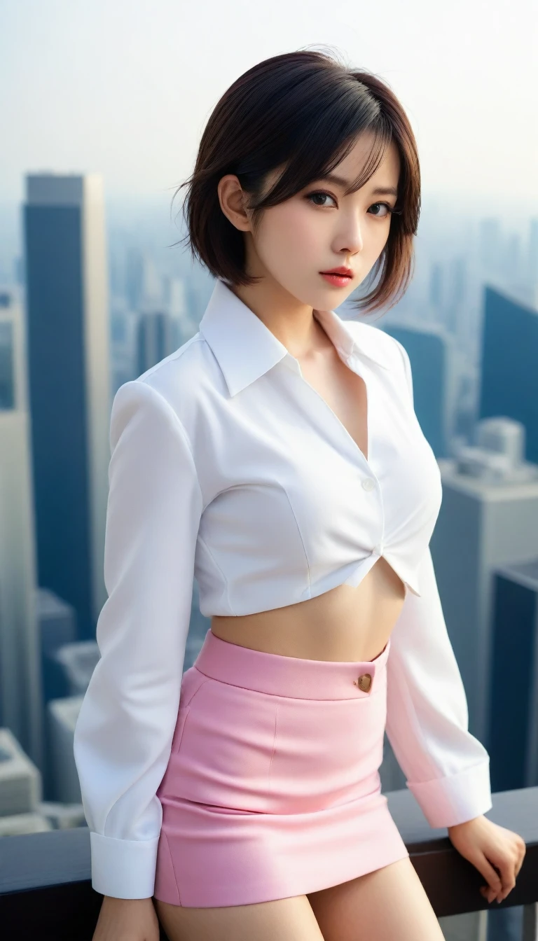 8k, Ultra-high resolution, Highest quality, masterpiece, 三分割法によるphotograph,Surreal, photograph, 1 , (:1.3), cute, cute顔, 細部までBeautiful Eyes, 細かくdetailedに,masterpiece,One Girl:1.2,Japanese women,Female announcer,cowboy shot,glaring,Black short hair,messy hair,from side,(White shirt:1.3),Blazer,Pencil Skirt,Rooftop,white collar,blue sky,Background of skyscrapers,(Beautiful attention to detail),Subtle details, detailedな顔,anger,Attractive eyes,(ポートレートphotograph:1.4),(Photorealistic images:1.4),Fantasy art,(Beautiful Face:1.4),美しくAttractive eyes、Beautiful Eyes,Silver residue,(Tight waist:1.4)、(Beautiful with perfect body proportions:1.4),Pink Lips,profile,(((Ideal body type))),A-cup small breasts :2,、Portraiture:2、Perfect Anatomy、鮮明なdetailed、detailed,Fashion magazine cover,Thin lips,完璧でBeautiful Face ,完璧でcute顔, Skin with attention to detail, Perfect limbs、Narrow waist,Surreal,Light and shadow,sunlight