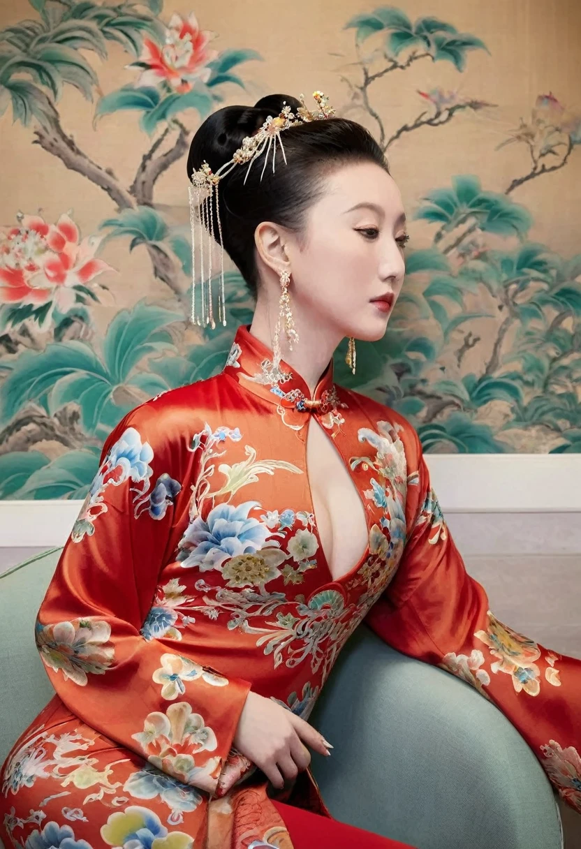 The empress of the Qing Dynasty is wearing a red floral patterned dress, completely naked, with her profile showing and her buttocks sticking out, posing in the luxurious palace of the empress of the Qing Dynasty.