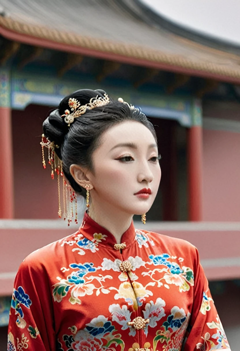 The empress of the Qing Dynasty is wearing a red floral patterned dress, completely naked, with her profile showing and her buttocks sticking out, posing in the luxurious palace of the empress of the Qing Dynasty.