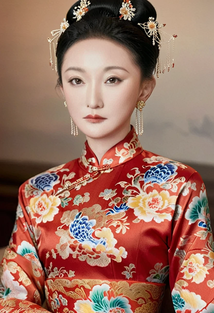 The empress of the Qing Dynasty is wearing a red floral patterned dress, completely naked, with her profile showing and her buttocks sticking out, posing in the luxurious palace of the empress of the Qing Dynasty.