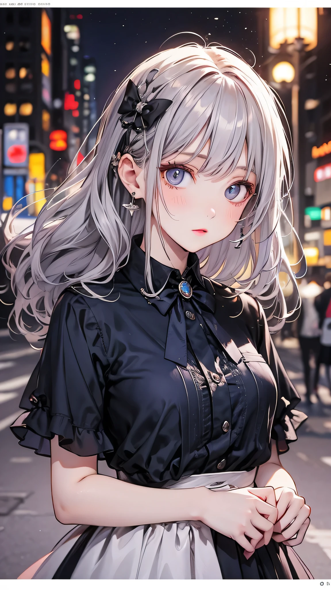 (8k, RAW Photos, masterpiece:1.3), (Realistic, photo-Realistic:1.37), (night), (View your viewers:1.331), (Gray Hair), Pause, Tokyo Street, nightcityscape, Cyberpunk City, Soft Light, One person, Very beautiful face, bust, Put your hands down, Random hairstyle, Random representation, Big eyes, Lower abdomen, (Short sleeve .ＪＫ_shirt), ＪＫ_style, (dark blue ＪＫ_skirt), (bow ＪＫ_tie), Mix 4., Highest quality