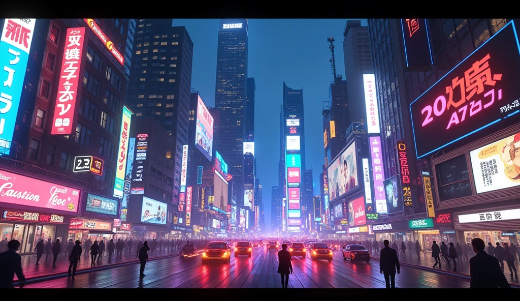Lively cityscape at night: Neon Light, Busy Street, And a sea of skyscrapers.