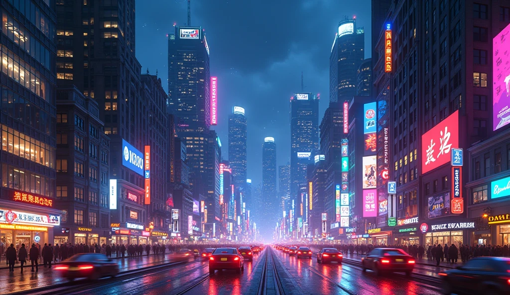 Lively cityscape at night: Neon Light, Busy Street, And a sea of skyscrapers.