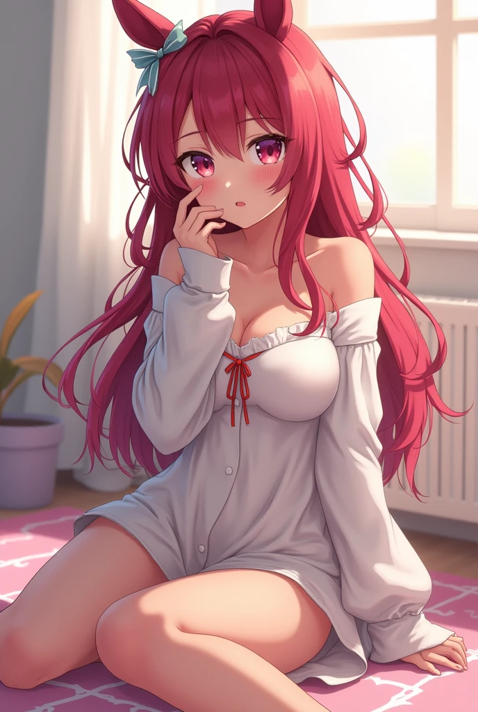 (highest resolution, distinct_image) The best quality, a woman, masterpiece, highly detailed, semi realistic, 21 years old, cute, young, beautiful, naked oversized t-shirt, shirt tug, collar on neck, indoors, modern bedroom, window, waking up, morning, blushing