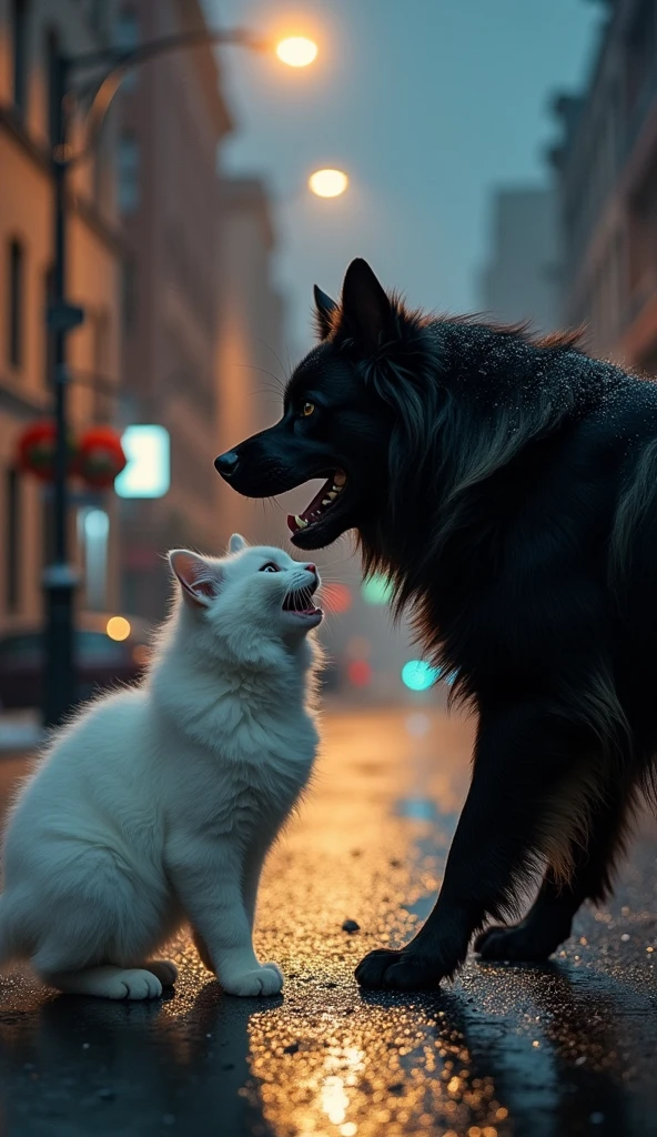 white cat kicked by black dog on cold evening street corner, there are street lights