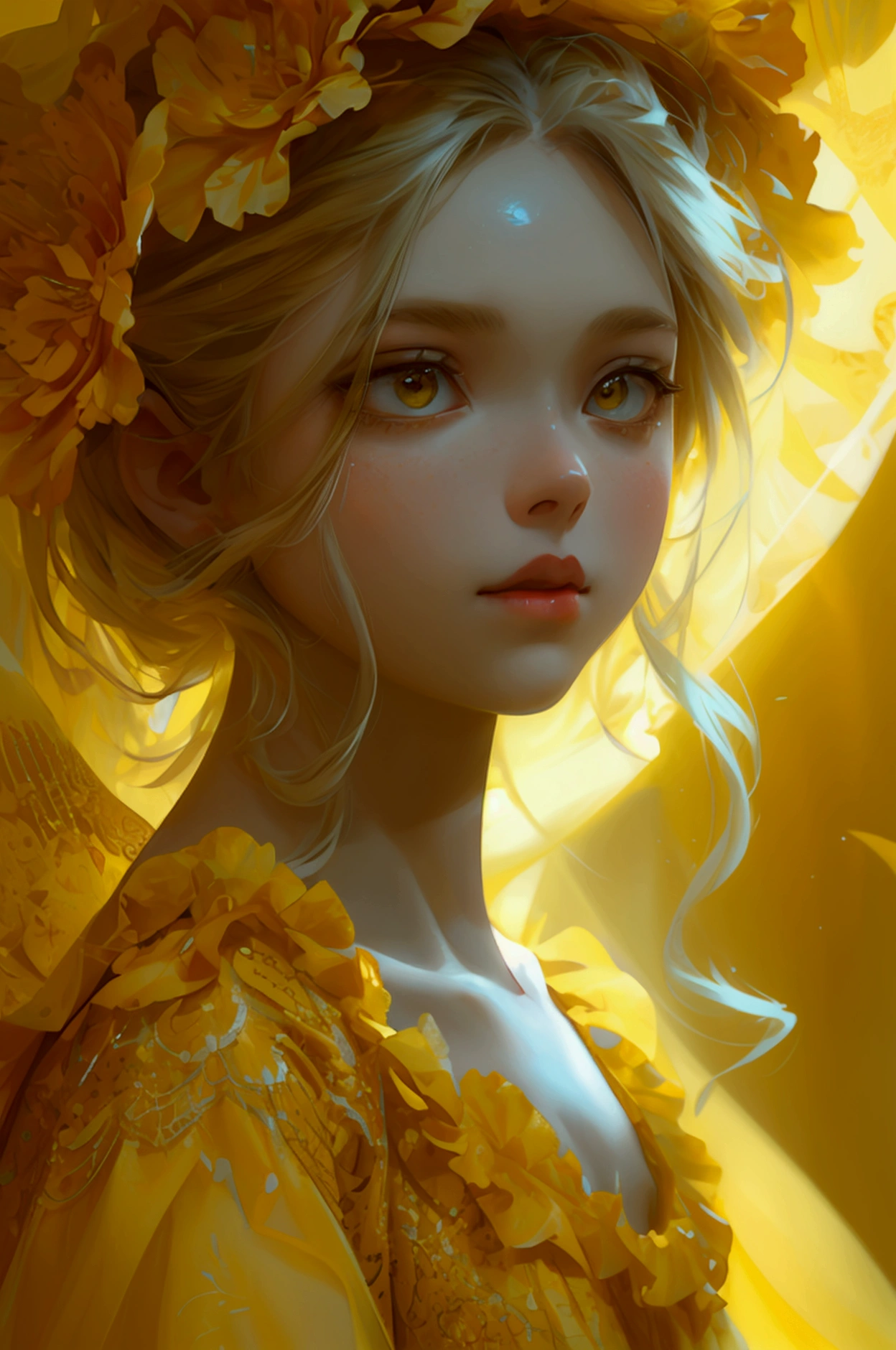 a beautiful girl in yellow dress, yellow background, yellow full body dress, full character, beautiful fantasy girl,